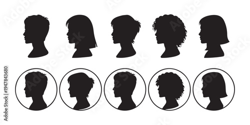 Comparison of female head silhouettes with different hair styles displayed with and without circular frames