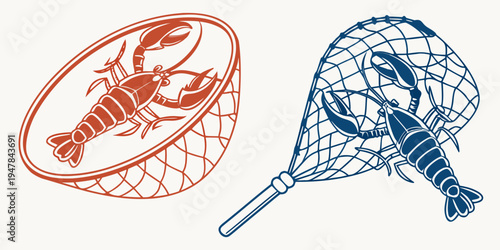 A red and blue lacrosse stick and a red cradle with a lobster Vector