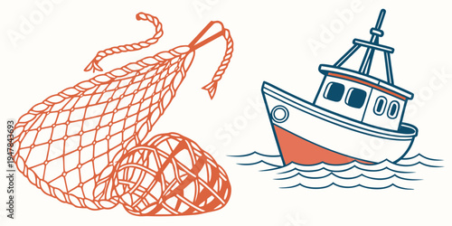 A fishing boat with a fishing net Vector