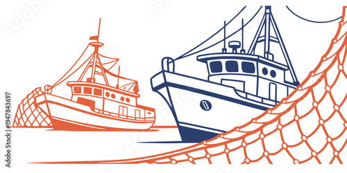 Two fishing boats with a large fishing net Vector