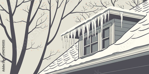 A house with snow on the roof and icicles hanging from it Vector