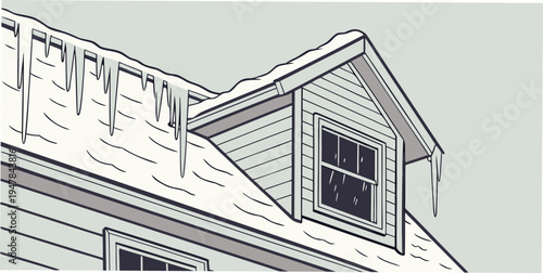 Snowy roof of a house with icicles hanging down Vector