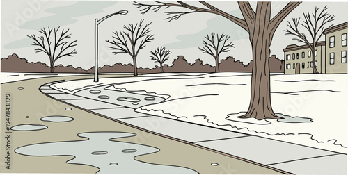 A tree on a sidewalk in a snowy landscape Vector