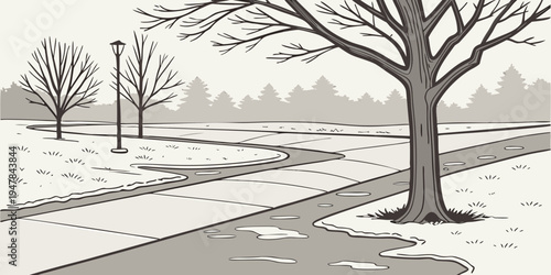 A tree stands on the side of a snowy road Vector