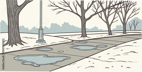 A sidewalk with puddles and bare trees in the winter Vector