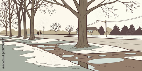 A snowy road with trees on a winter day Vector