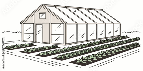 A large greenhouse with many plants growing inside Vector