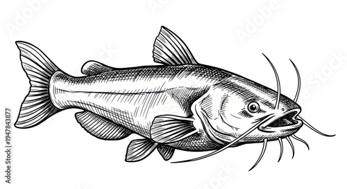 Hand-drawn sketch of a catfish with whiskers and fins, isolated on white