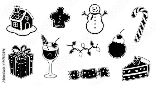 Christmas Icons: Gingerbread House, Snowman, Candy Cane, Gift, Cocktail, Lights, Cracker, Cake