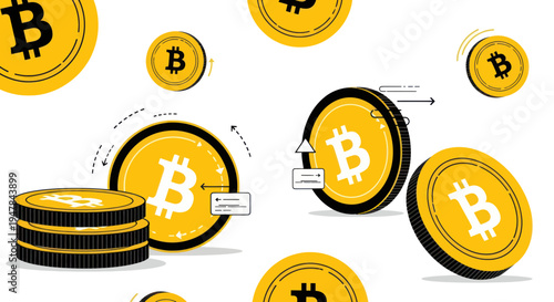 Bitcoin Cryptocurrency Coins Falling and Stacking, Digital Money Concept