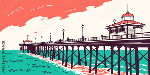 A pier with a building on the right side Vector