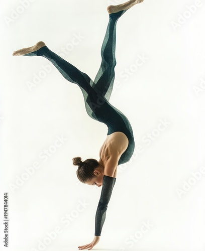 female acrobat performing an inverted handstand split in a teal full-body leotard with bare feet and hair in a bun, showing strength, balance and graceful concentration on a white studio background