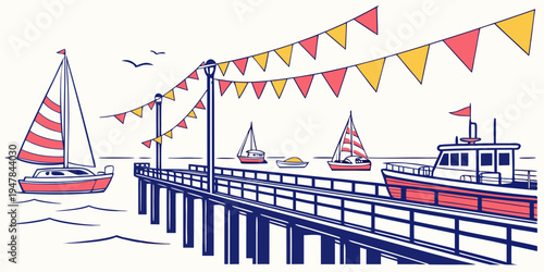 A pier with a sailboat and a tug boat Vector