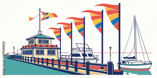 A large boat with flags on the water Vector