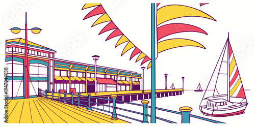 A colorful illustration of a beachside building and sailboat Vector