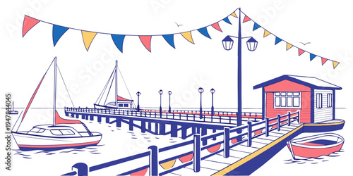 A small boat dock with a sailboat and a red building Vector