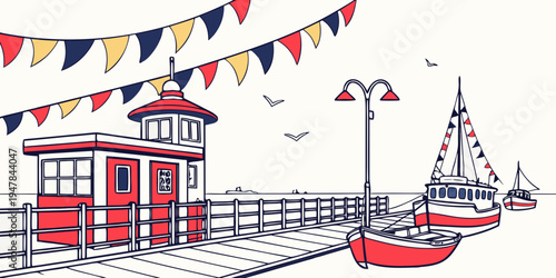 A red and white boat dock with a small building Vector