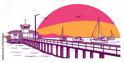 A pier with a large sun in the background Vector