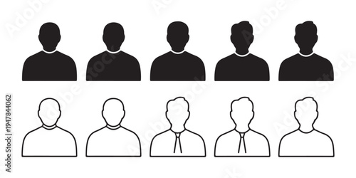 Set of ten people icons showing various male avatars in both solid and outline styles