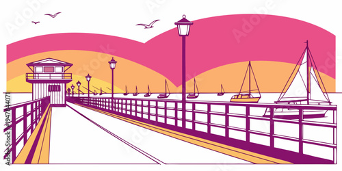 A pier with a gazebo and a sailboat Vector