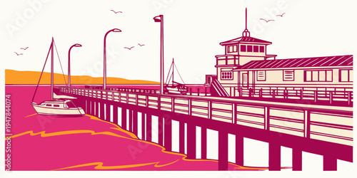 A pier with a building on the right side Vector