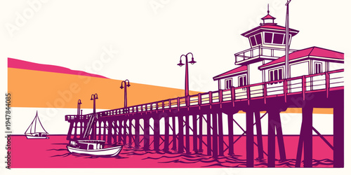 A pier with a tower on the right side of the ocean Vector