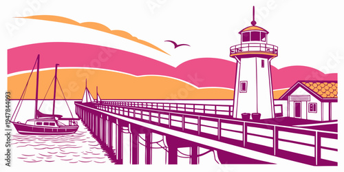 A lighthouse on a pier with a boat Vector