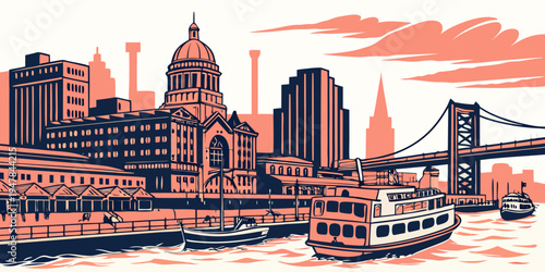 A city skyline with a bridge and a boat Vector