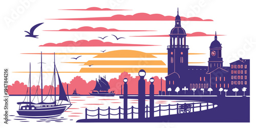 A city skyline with a dock and a sailboat Vector