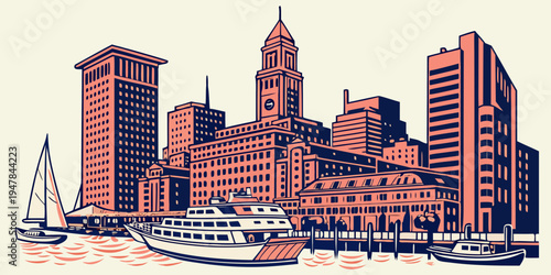 A city skyline with tall buildings and a body of water Vector