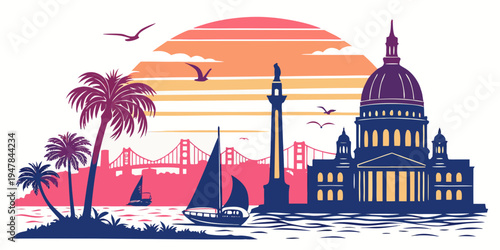 A colorful illustration of a city skyline at sunset Vector