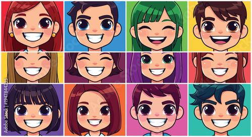 Diverse cartoon avatar faces with big smiles and bright colors