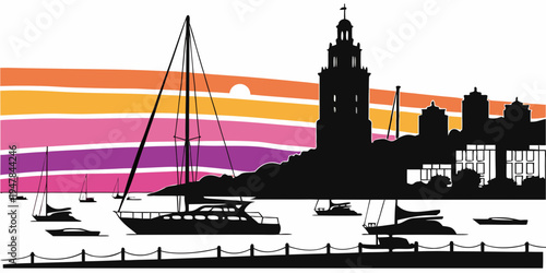 A black silhouette of a city skyline with boats on the water Vector