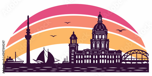 A city skyline with a large building and a tower Vector