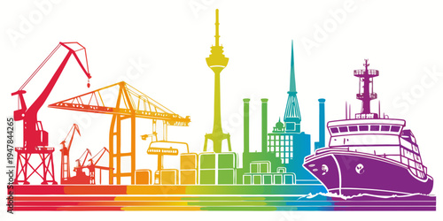 A colorful illustration of a city skyline with industrial and nautical elements Vector