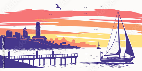 Sailboat on the water near a city skyline at sunset Vector