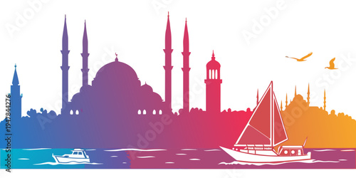 A colorful silhouette of a city skyline with a mosque and sailboat Vector