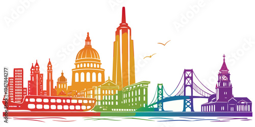 Colorful city skyline with iconic buildings Vector