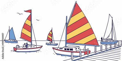 A group of sailboats with colorful sails on the water Vector