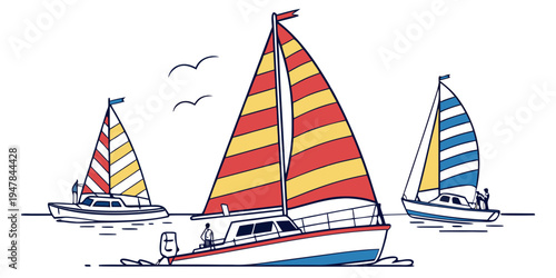 Three sailboats with colorful sails on the water Vector