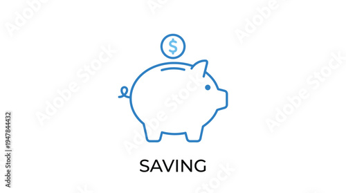 Simple blue vector graphic illustration of a piggy bank with a coin