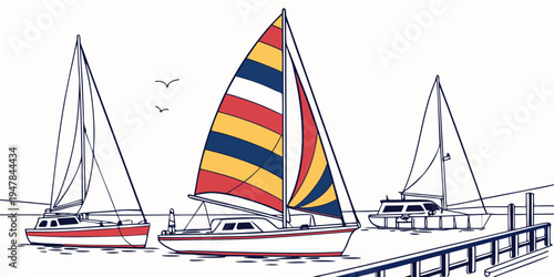 Three sailboats with colorful sails on the water Vector