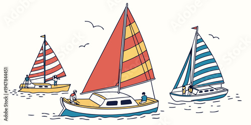 Three sailboats with colorful sails on the water Vector