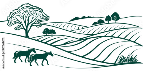 Horses grazing in a green landscape with tree Vector