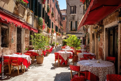 Wallpaper Mural Charming Venetian Alleyway Cafe with Red Umbrellas and Tables Set for Dining. Torontodigital.ca