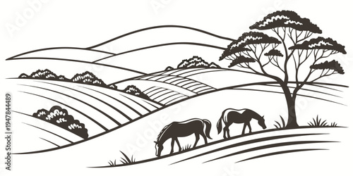 Horses grazing on a hillside with a tree Vector
