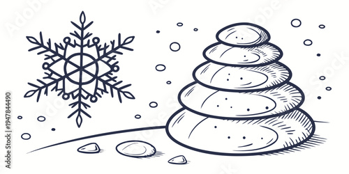 A stack of stones and a snowflake in the snow Vector