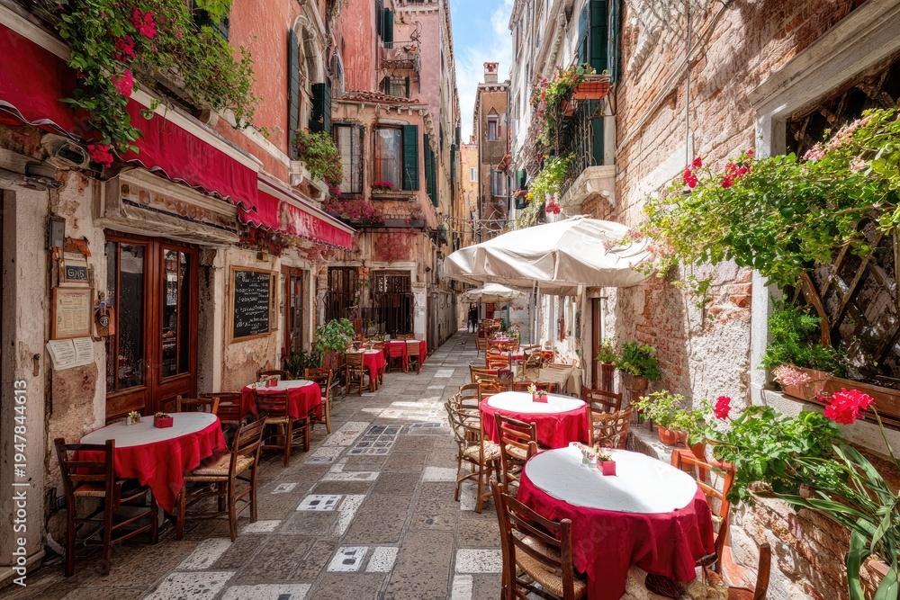custom made wallpaper toronto digitalCharming Venetian Alleyway with Outdoor Cafe Seating.