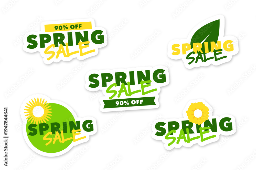 Fototapeta premium A set of flat vector stickers on the theme of spring sales with text in green