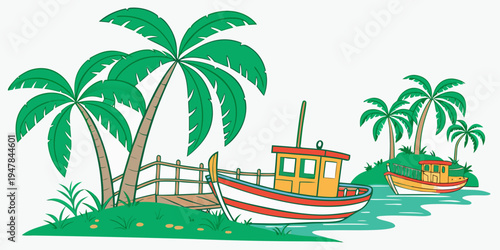 A boat is parked near a tropical island with palm trees Vector
